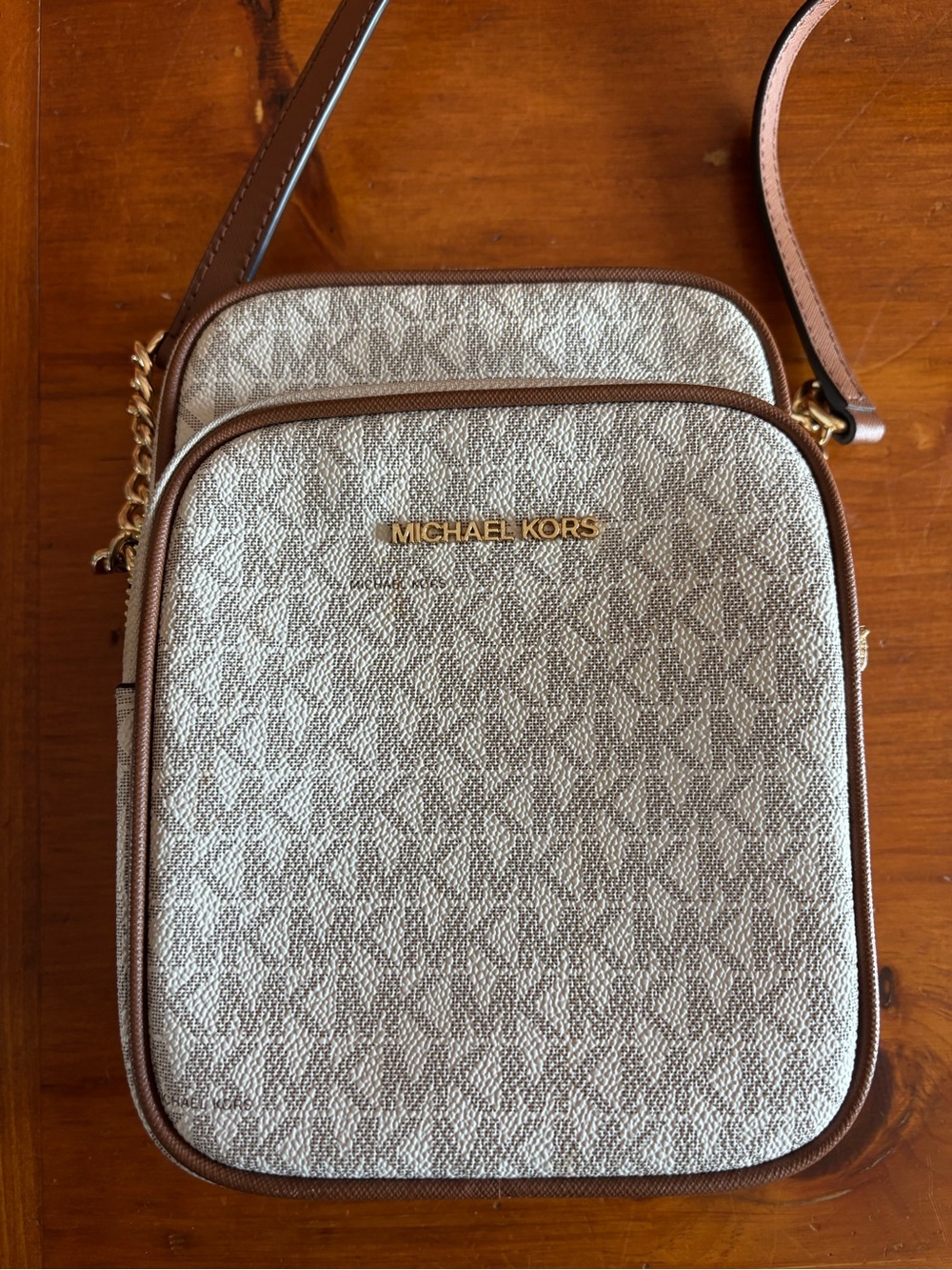 Michael Kors Beige and Brown Monogram Crossbody with Gold Hardware